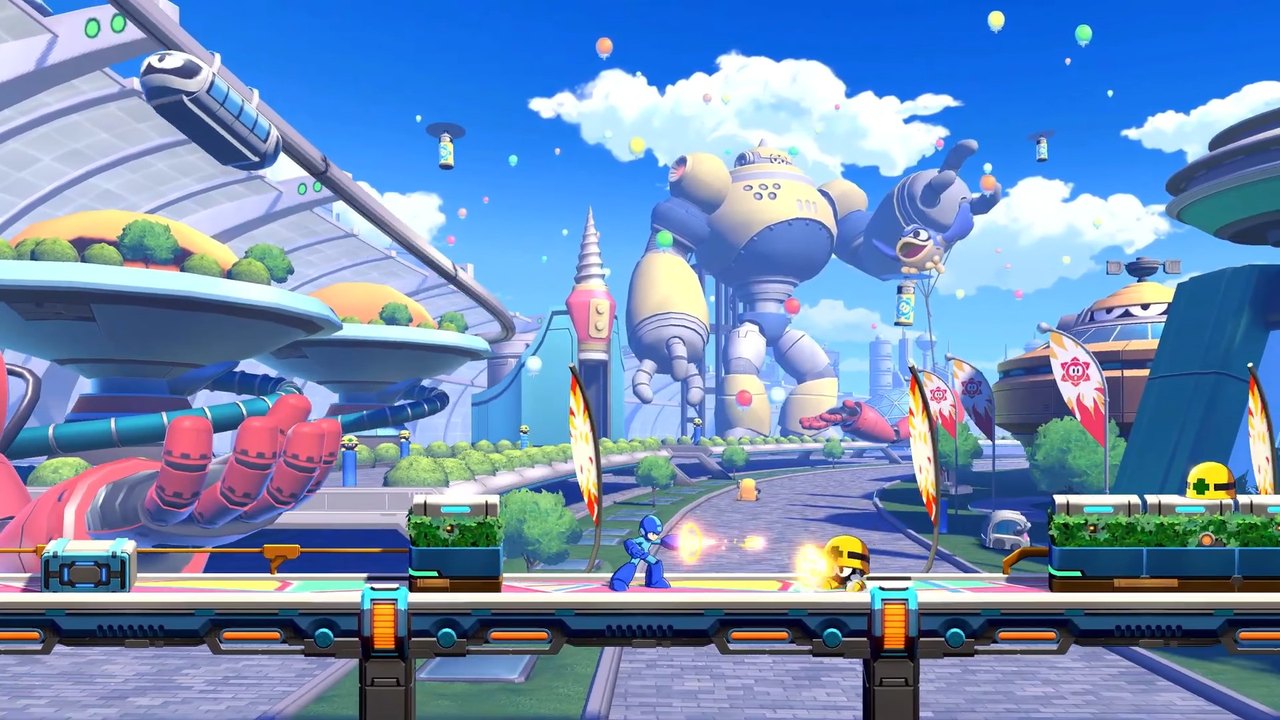 Side-scrolling Dual Override stage with Mega Man platforming through a bright exhibition arena